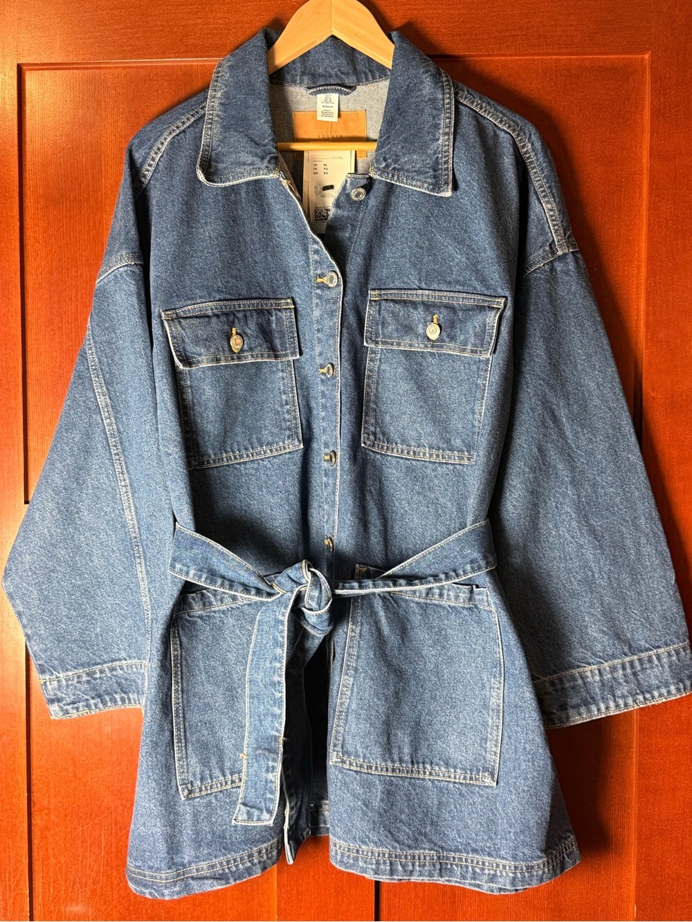NWT H&M &Denim Blue Tie Belt Denim Jacket Coat Oversized Size XL